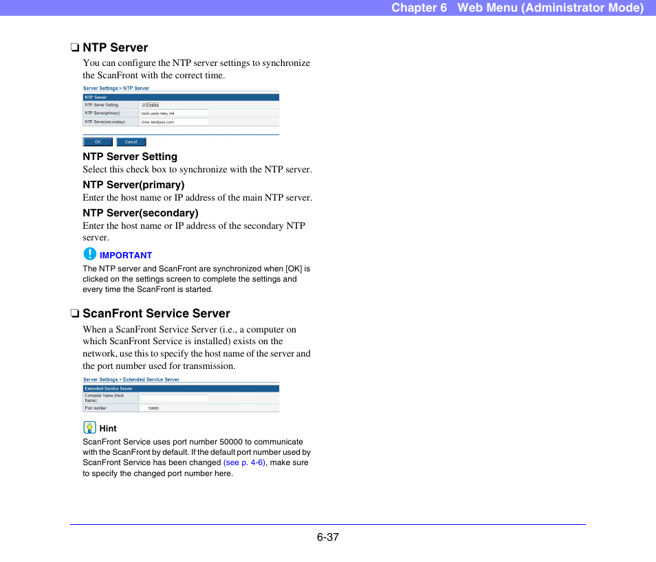 Ntp server, Scanfront service server, Ntp server -37 scanfront service server -37 | See p. 6-37), See “ntp server” on p. 6-37.) | Canon SCANFRONT 300P User Manual | Page 124 / 193