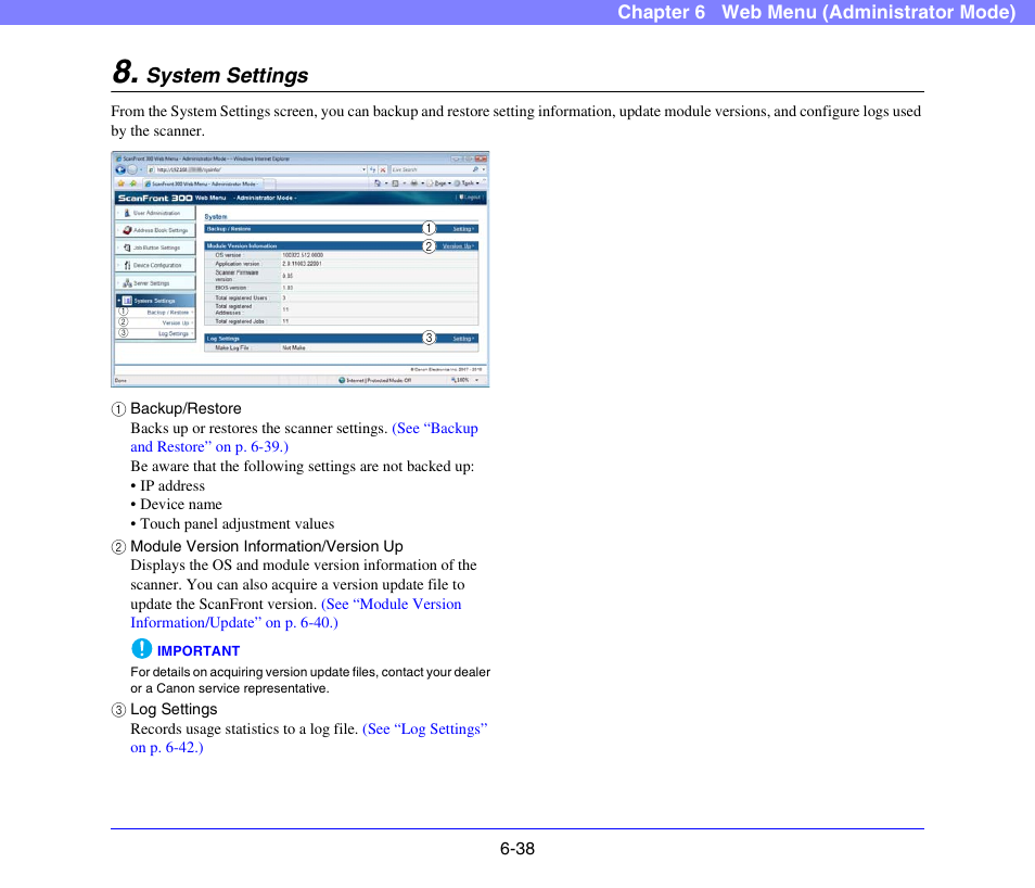 System settings, System settings -38, See p. 6-38) | See “system settings” on p. 6-38.) | Canon SCANFRONT 300P User Manual | Page 125 / 193