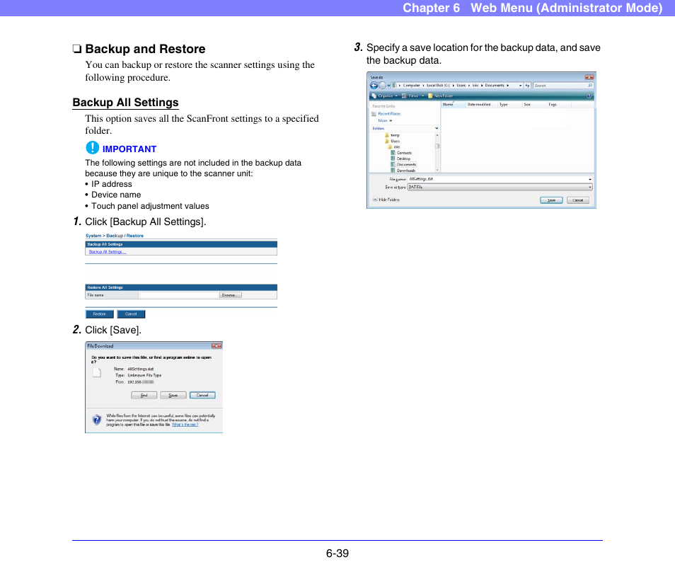 Backup and restore, Backup and restore -39, See p. 6-39) | See “backup, And restore” on p. 6-39.) | Canon SCANFRONT 300P User Manual | Page 126 / 193