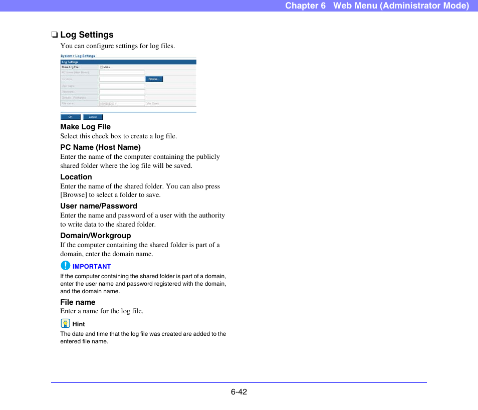 Log settings, Log settings -42, See p. 6-42) | See “log settings, On p. 6-42.) | Canon SCANFRONT 300P User Manual | Page 129 / 193