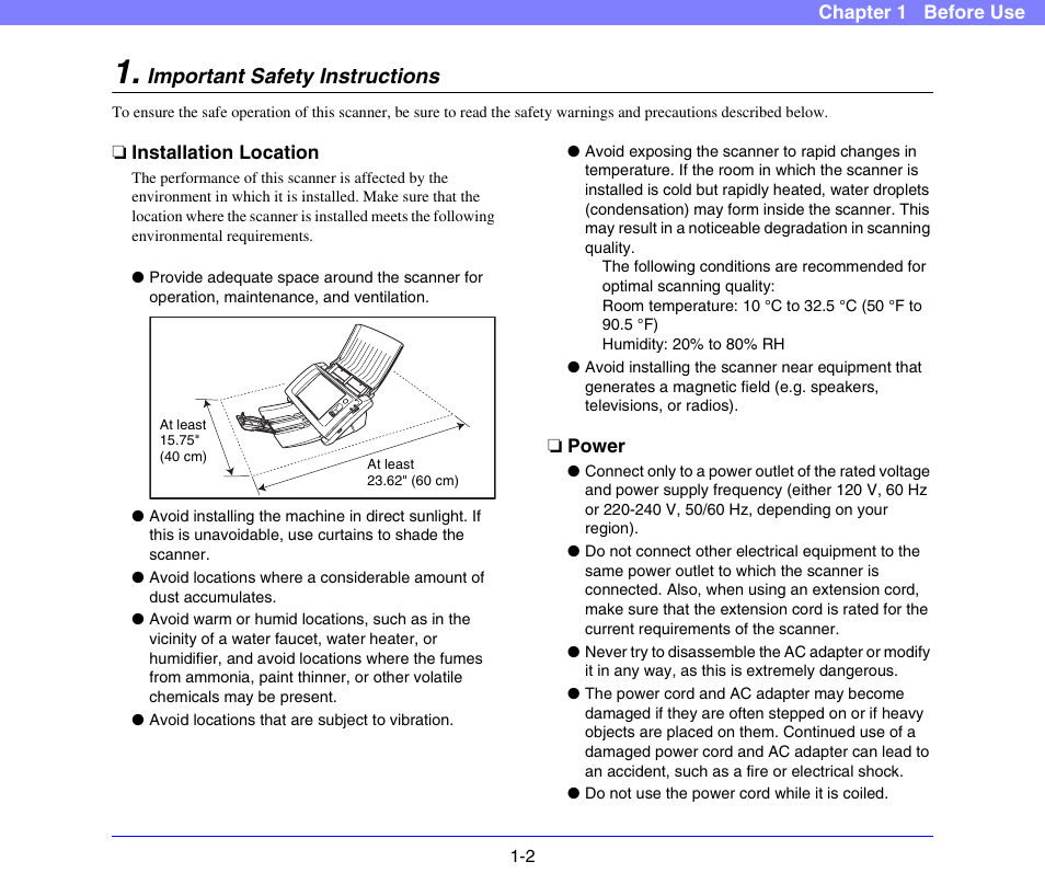 Important safety instructions, Installation location, Power | Important safety instructions -2, Installation location -2 power -2 | Canon SCANFRONT 300P User Manual | Page 13 / 193