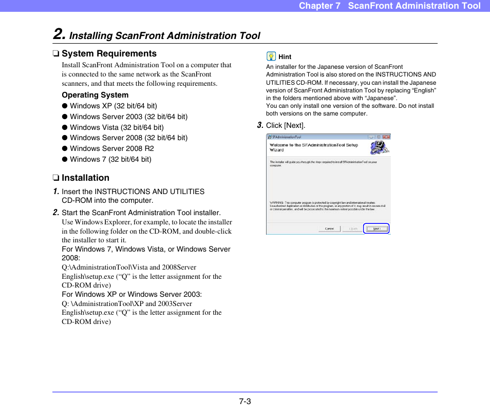 Installing scanfront administration tool, System requirements, Installation | Installing scanfront administration tool -3, System requirements -3 installation -3 | Canon SCANFRONT 300P User Manual | Page 132 / 193