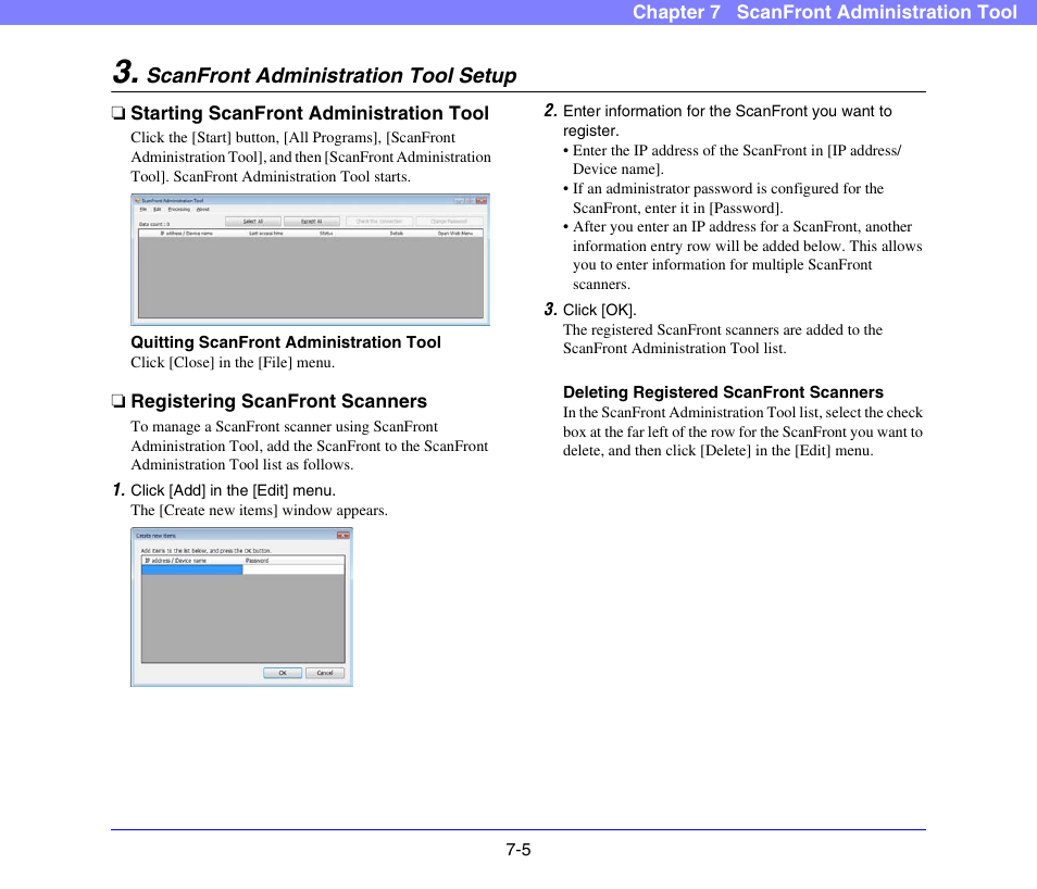 Scanfront administration tool setup, Starting scanfront administration tool, Registering scanfront scanners | Scanfront administration tool setup -5 | Canon SCANFRONT 300P User Manual | Page 134 / 193