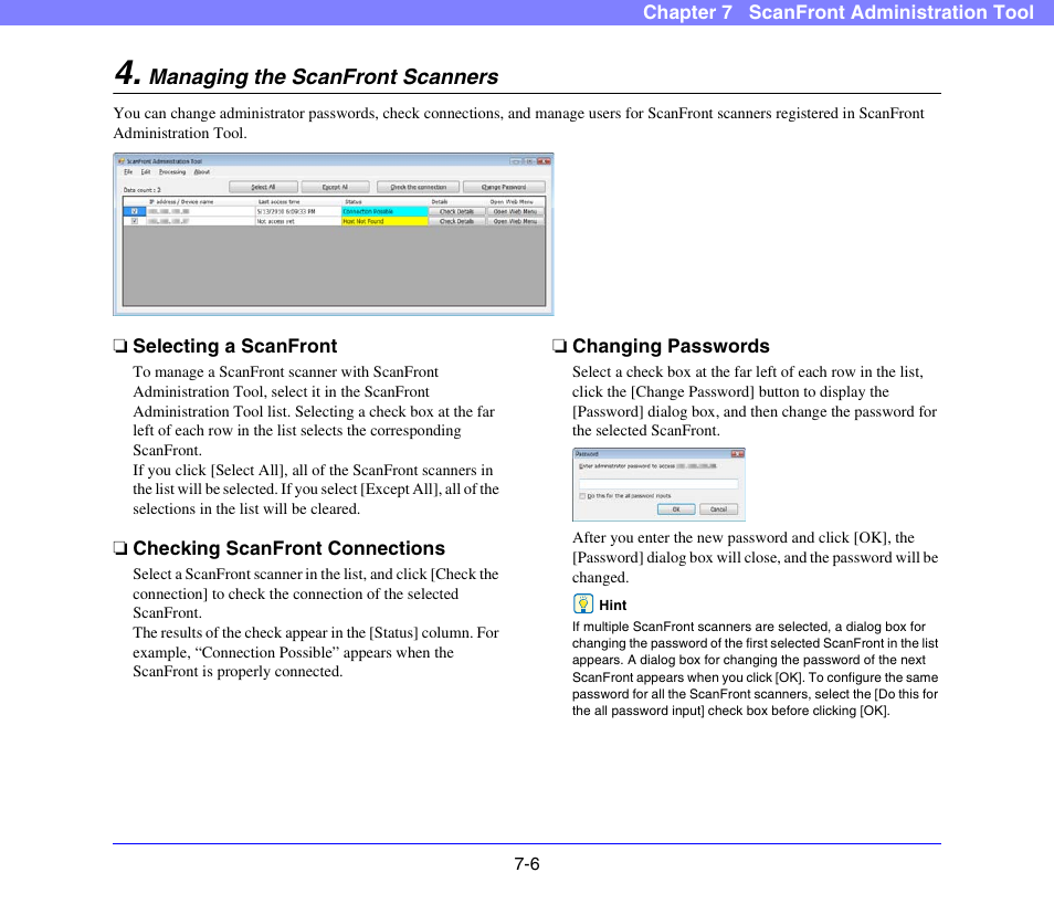 Managing the scanfront scanners, Selecting a scanfront, Checking scanfront connections | Changing passwords, Managing the scanfront scanners -6 | Canon SCANFRONT 300P User Manual | Page 135 / 193