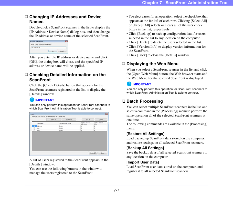 Changing ip addresses and device names, Checking detailed information on the scanfront, Displaying the web menu | Batch processing | Canon SCANFRONT 300P User Manual | Page 136 / 193