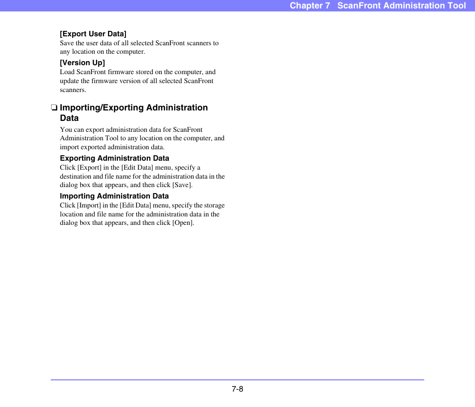 Importing/exporting administration data, Importing/exporting administration data -8 | Canon SCANFRONT 300P User Manual | Page 137 / 193