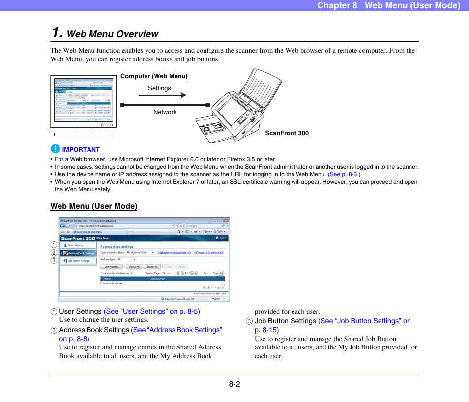 Web menu overview, Web menu overview -2 | Canon SCANFRONT 300P User Manual | Page 139 / 193