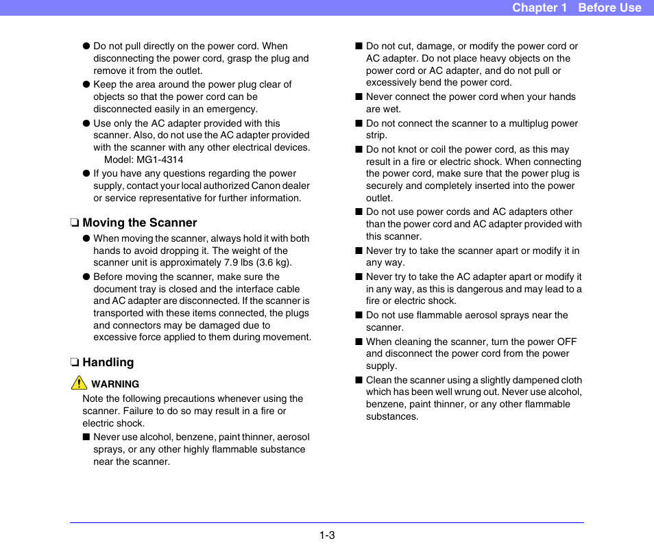 Moving the scanner, Handling, Moving the scanner -3 handling -3 | Canon SCANFRONT 300P User Manual | Page 14 / 193