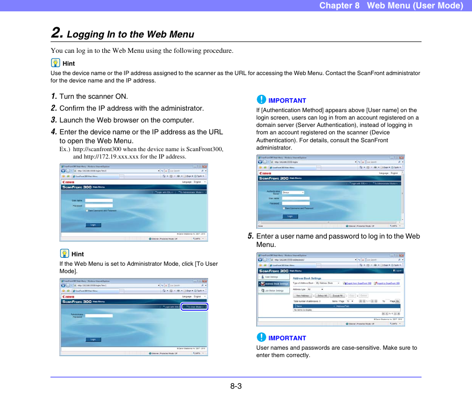 Logging in to the web menu, Logging in to the web menu -3, See p. 8-3.) | Canon SCANFRONT 300P User Manual | Page 140 / 193