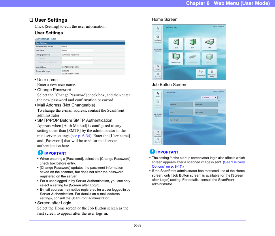 User settings, User settings -5, P. 8-5) | See “user settings” on p. 8-5), Chapter 8 web menu (user mode) ❏ user settings | Canon SCANFRONT 300P User Manual | Page 142 / 193