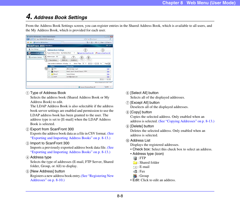 Address book settings, Address book settings -8, See p. 8-8) | See “address book settings, On p. 8-8.), On p. 8-8) | Canon SCANFRONT 300P User Manual | Page 145 / 193