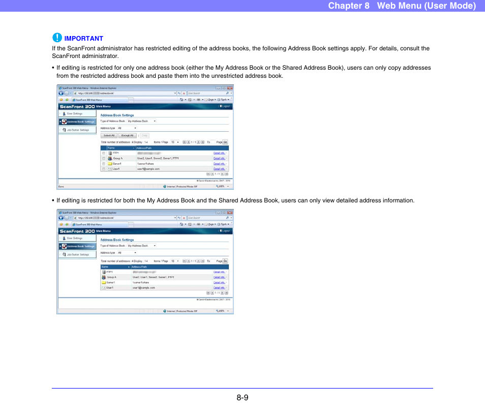 Chapter 8 web menu (user mode) | Canon SCANFRONT 300P User Manual | Page 146 / 193