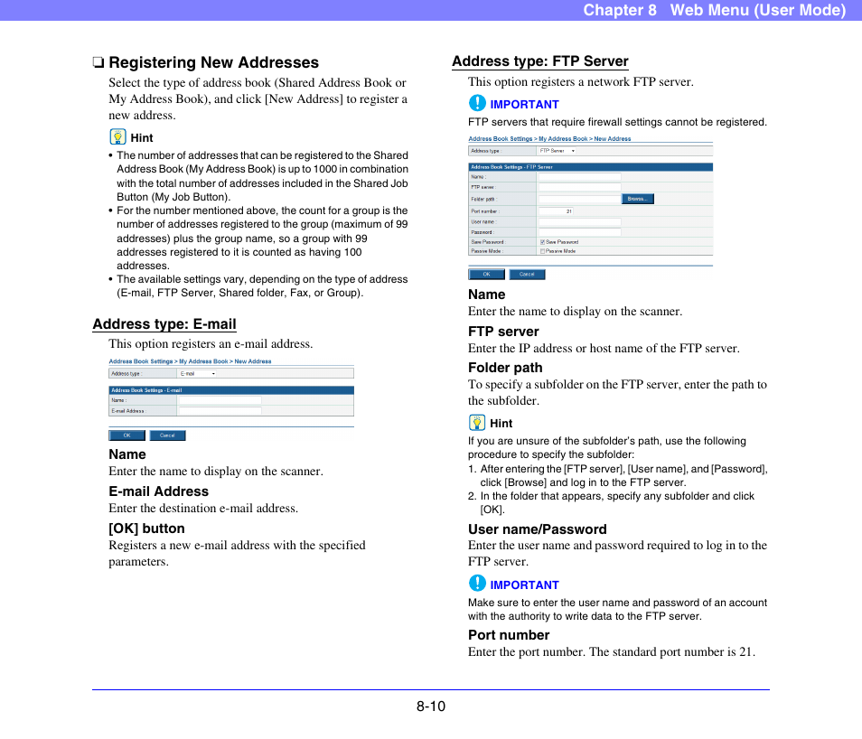 Registering new addresses, Registering new addresses -10, See “registering new | Addresses” on p. 8-10.) | Canon SCANFRONT 300P User Manual | Page 147 / 193