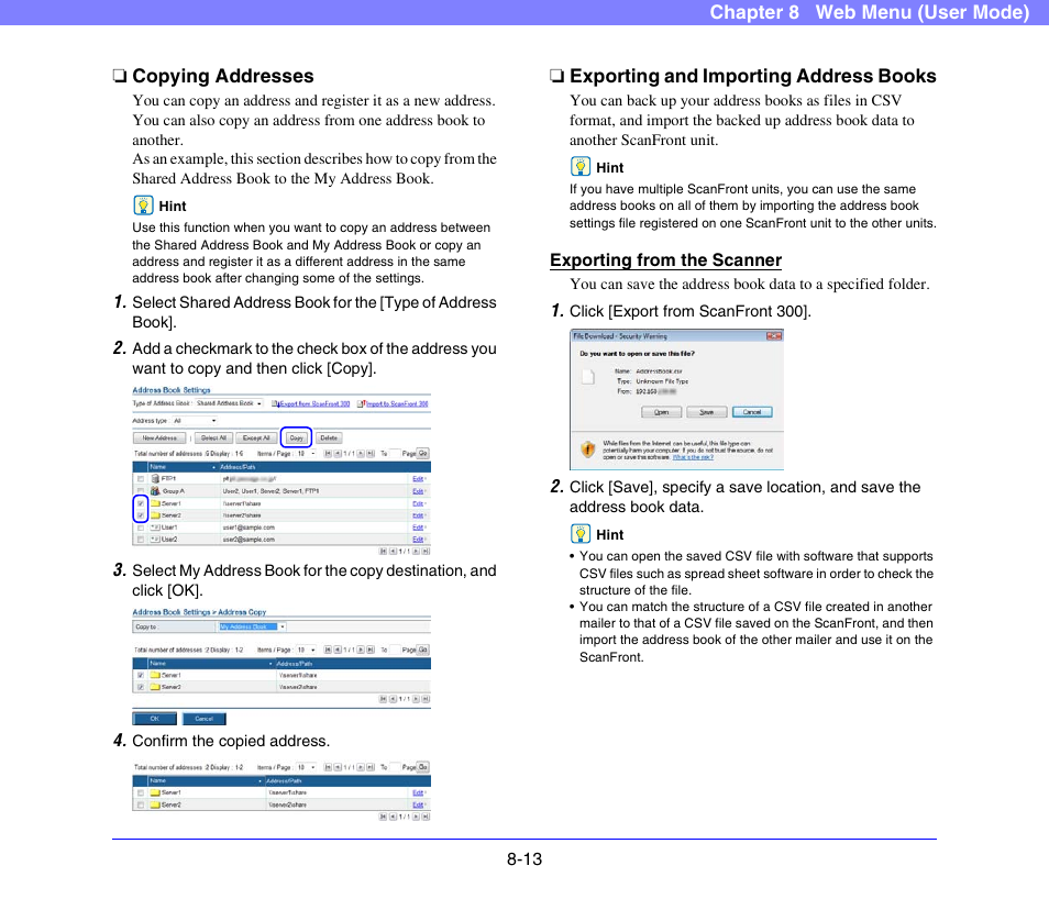 Copying addresses, Exporting and importing address books, See “copying addresses” on p. 8-13.) | Canon SCANFRONT 300P User Manual | Page 150 / 193