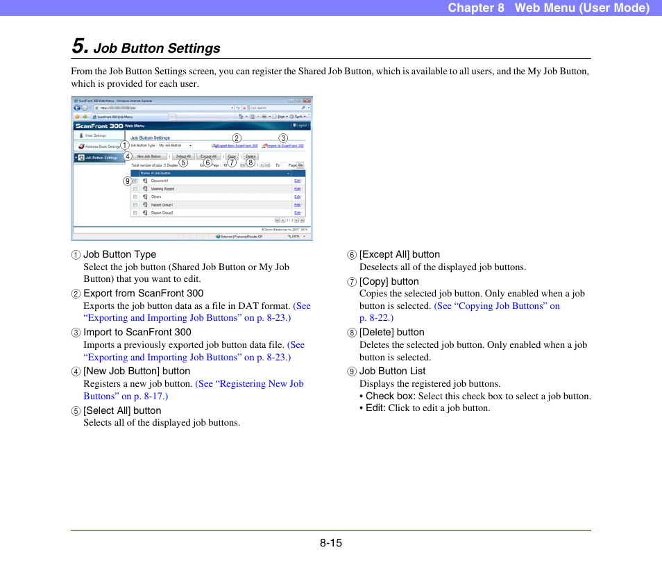 Job button settings, Job button settings -15, See p. 8-15) | See “job button settings” on, P. 8-15.), P. 8-15) | Canon SCANFRONT 300P User Manual | Page 152 / 193