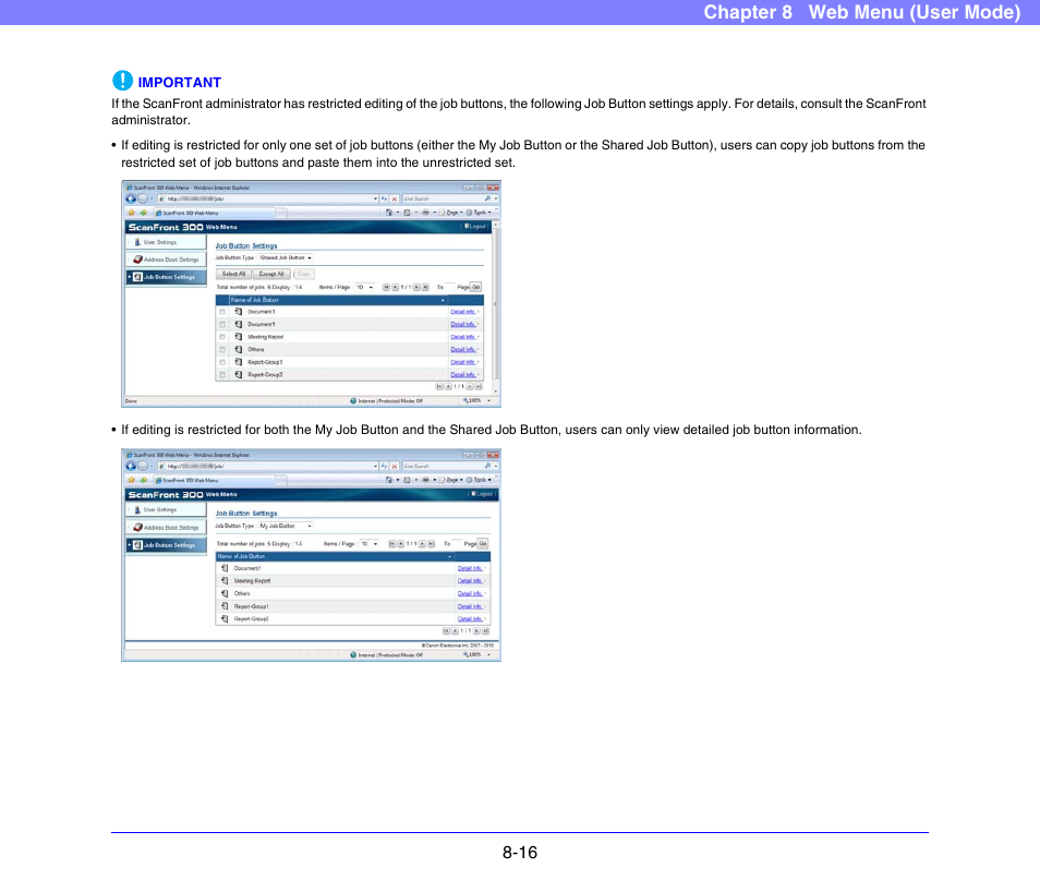 Chapter 8 web menu (user mode) | Canon SCANFRONT 300P User Manual | Page 153 / 193