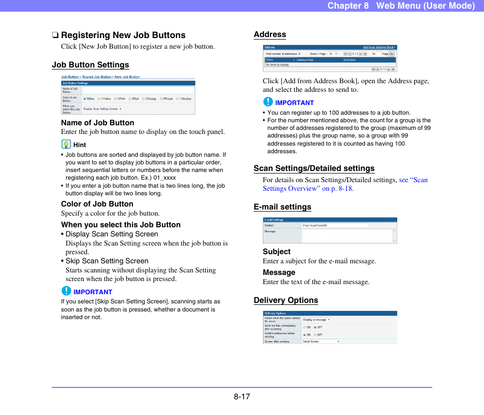 Registering new job buttons, Registering new job buttons -17, See “delivery | Options” on p. 8-17.), See “registering new job, Buttons” on p. 8-17.) | Canon SCANFRONT 300P User Manual | Page 154 / 193