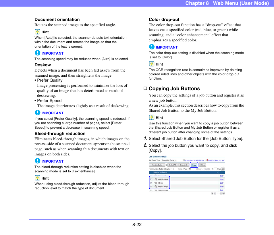 Copying job buttons, Copying job buttons -22, See “copying job buttons” on | P. 8-22.), Chapter 8 web menu (user mode) | Canon SCANFRONT 300P User Manual | Page 159 / 193