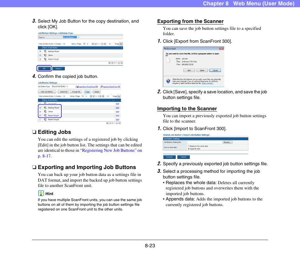 Editing jobs, Exporting and importing job buttons, Exporting and importing job buttons” on p. 8-23.) | Canon SCANFRONT 300P User Manual | Page 160 / 193