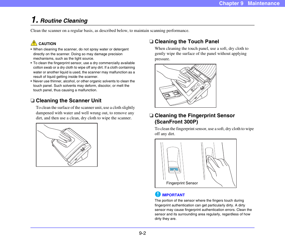 Routine cleaning, Cleaning the scanner unit, Cleaning the touch panel | Cleaning the fingerprint sensor (scanfront 300p), Routine cleaning -2 | Canon SCANFRONT 300P User Manual | Page 163 / 193