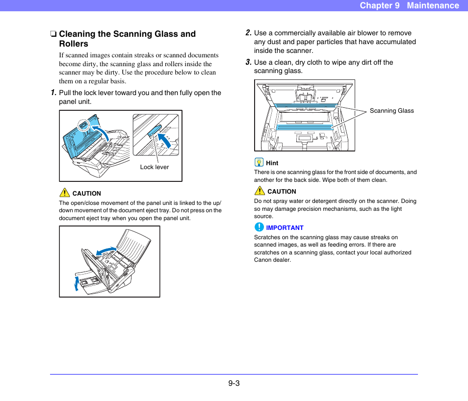 Cleaning the scanning glass and rollers, Cleaning the scanning glass and rollers -3 | Canon SCANFRONT 300P User Manual | Page 164 / 193