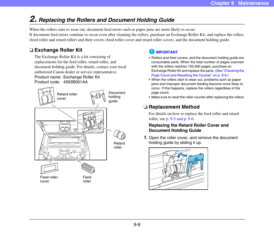 Replacing the rollers and document holding guide, Exchange roller kit, Replacement method | Replacing the rollers and document, Holding guide -8, Exchange roller kit -8 replacement method -8 | Canon SCANFRONT 300P User Manual | Page 169 / 193