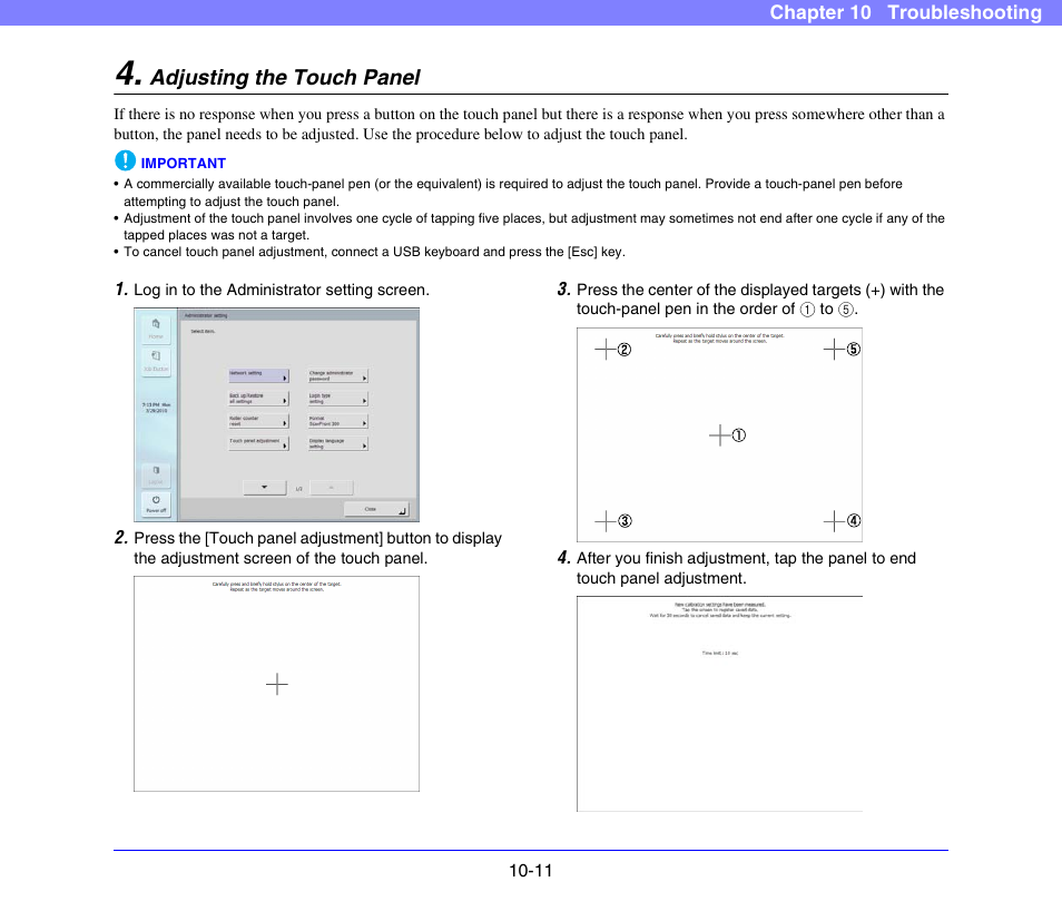 Adjusting the touch panel, Adjusting the touch panel -11, See “adjusting the touch panel” on | P. 10-11 | Canon SCANFRONT 300P User Manual | Page 182 / 193