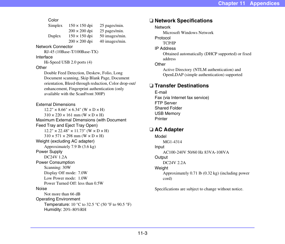 Network specifications, Transfer destinations, Ac adapter | Canon SCANFRONT 300P User Manual | Page 187 / 193