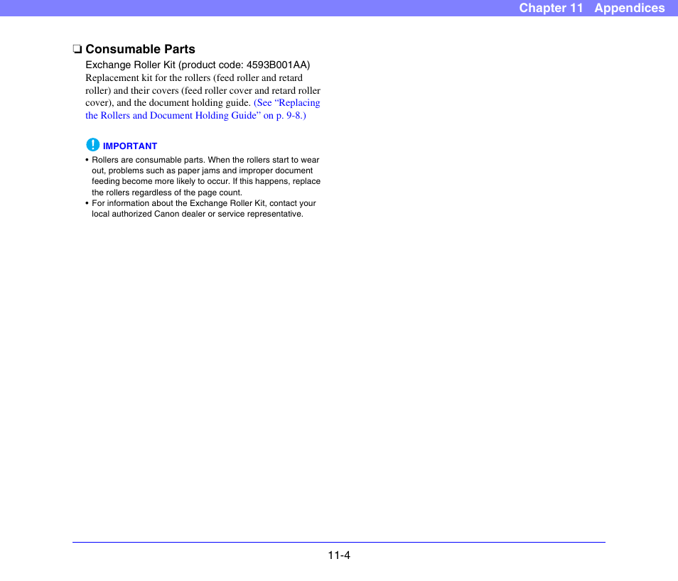 Consumable parts, Consumable parts -4, Chapter 11 appendices ❏ consumable parts | Canon SCANFRONT 300P User Manual | Page 188 / 193