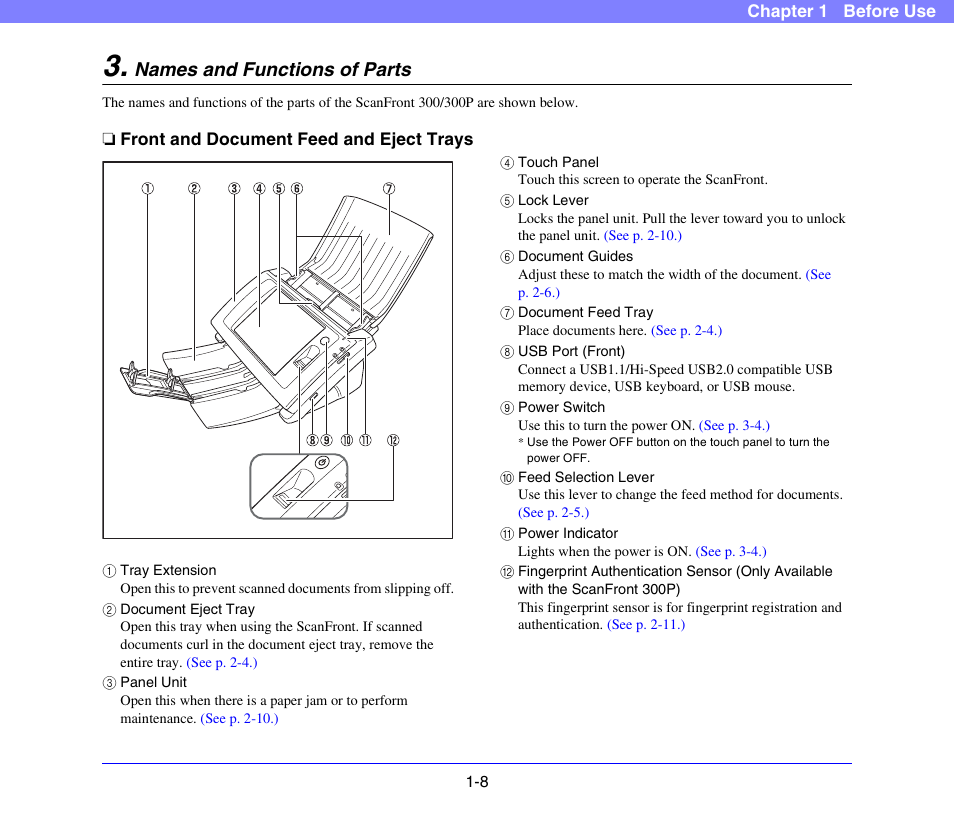 Names and functions of parts, Front and document feed and eject trays, Names and functions of parts -8 | Front and document feed and eject trays -8 | Canon SCANFRONT 300P User Manual | Page 19 / 193