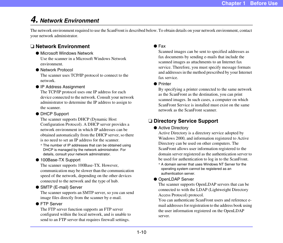 Network environment, Directory service support, Network environment -10 | Canon SCANFRONT 300P User Manual | Page 21 / 193