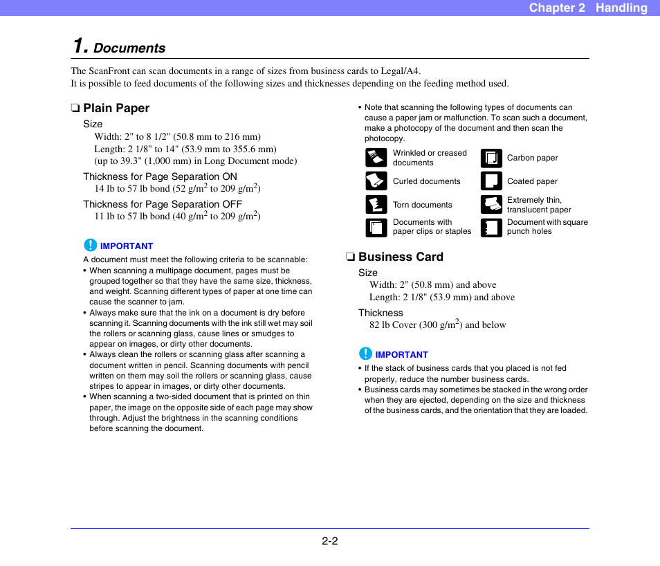 Documents, Plain paper, Business card | Documents -2, Plain paper -2 business card -2, Chapter 2 handling | Canon SCANFRONT 300P User Manual | Page 24 / 193