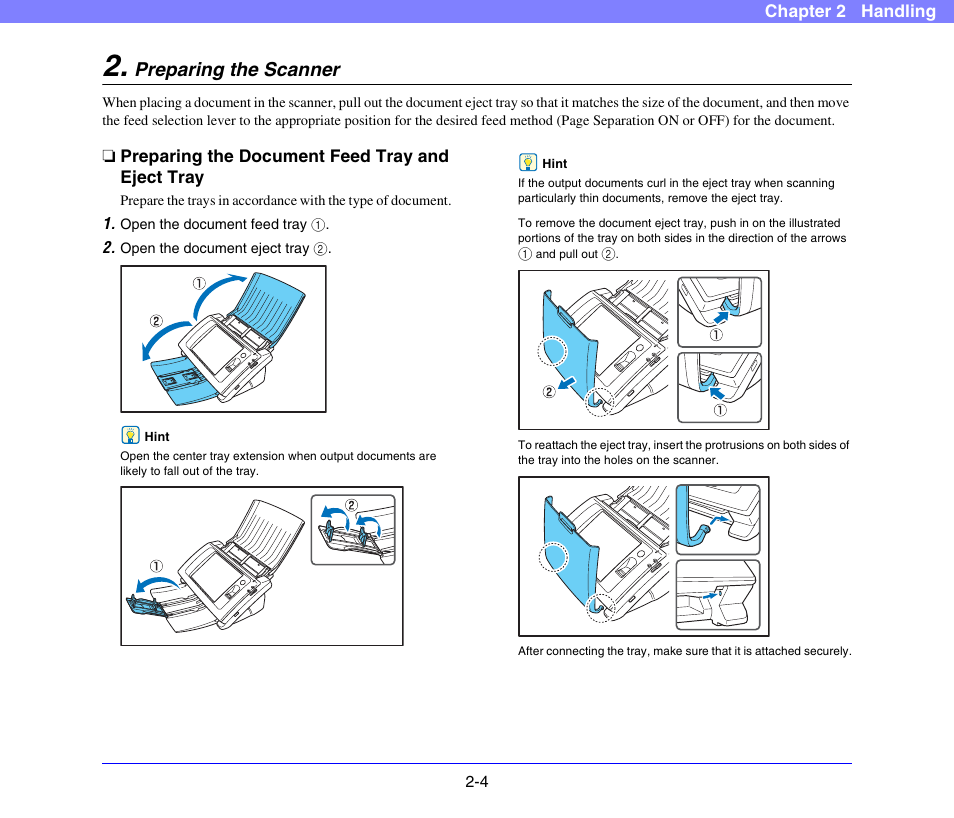 Preparing the scanner, Preparing the document feed tray and eject tray, Preparing the scanner -4 | Preparing the document feed tray and eject tray -4, See p. 2-4.) | Canon SCANFRONT 300P User Manual | Page 26 / 193