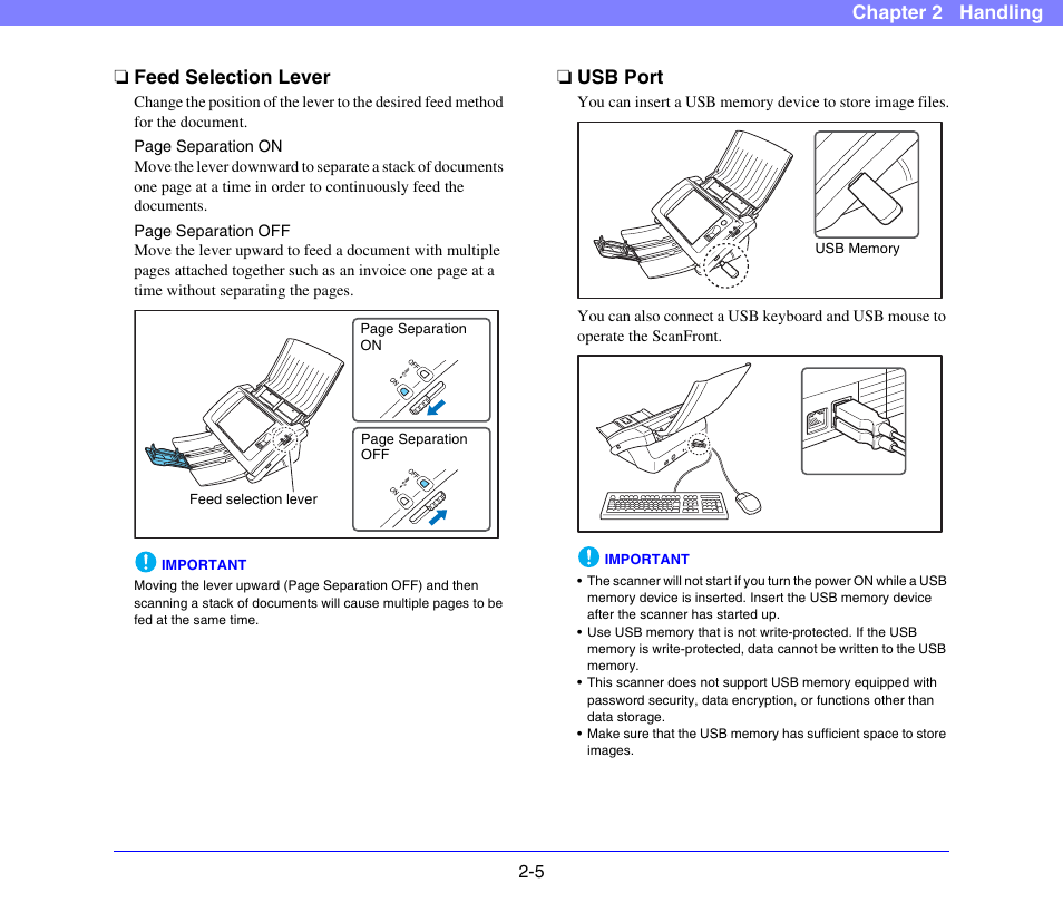 Feed selection lever, Usb port, Feed selection lever -5 usb port -5 | See p. 2-5.), Chapter 2 handling ❏ feed selection lever | Canon SCANFRONT 300P User Manual | Page 27 / 193