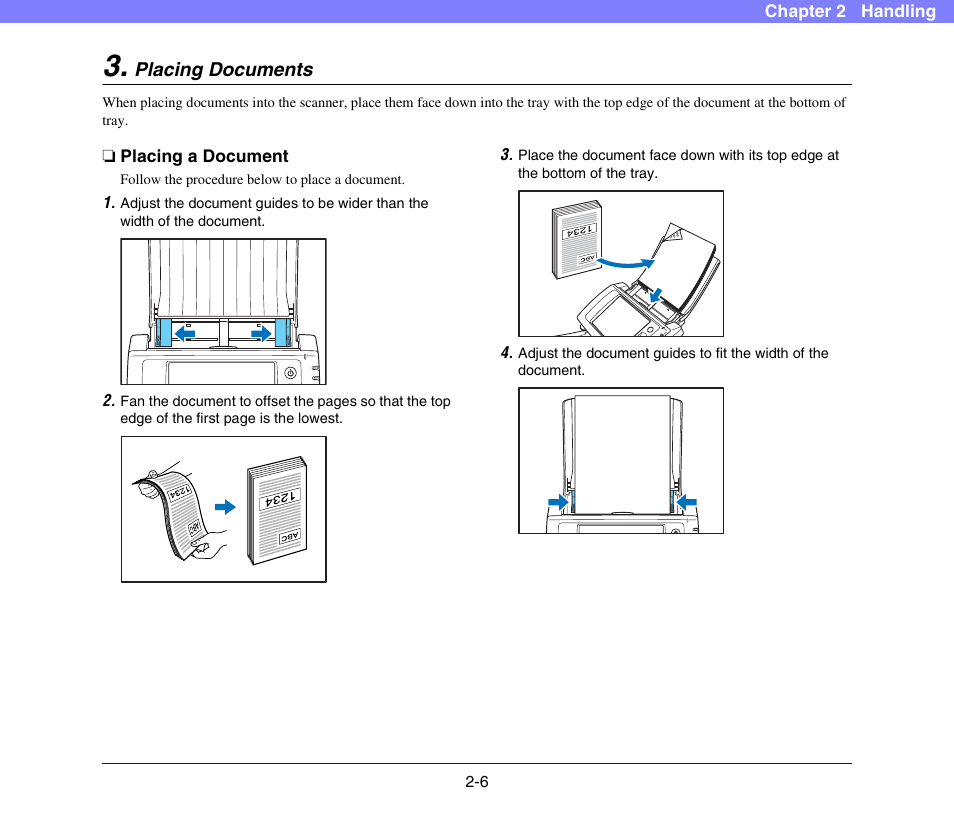 Placing documents, Placing a document, Placing documents -6 | Placing a document -6, P. 2-6.) | Canon SCANFRONT 300P User Manual | Page 28 / 193