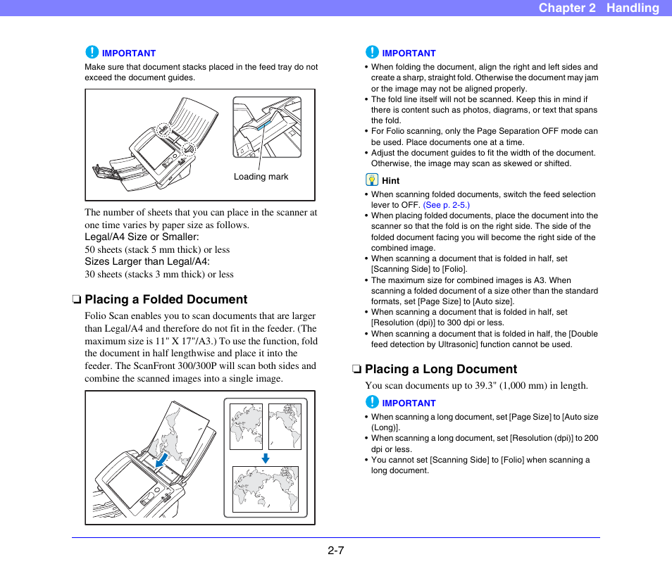 Placing a folded document, Placing a long document, Placing a folded document -7 | Placing a long document -7, Chapter 2 handling | Canon SCANFRONT 300P User Manual | Page 29 / 193