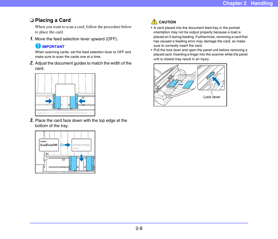 Placing a card, Placing a card -8, Chapter 2 handling ❏ placing a card | Canon SCANFRONT 300P User Manual | Page 30 / 193