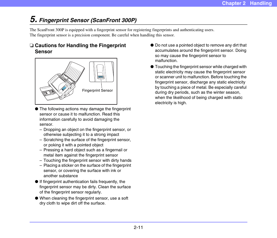 Fingerprint sensor (scanfront 300p), Cautions for handling the fingerprint sensor, Fingerprint sensor (scanfront 300p) -11 | Cautions for handling the fingerprint sensor -11, See p. 2-11.) | Canon SCANFRONT 300P User Manual | Page 33 / 193