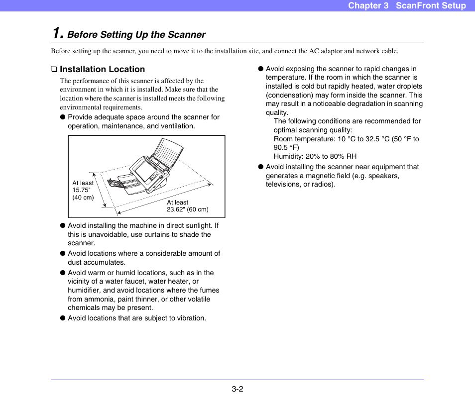 Before setting up the scanner, Installation location, Before setting up the scanner -2 | Installation location -2 | Canon SCANFRONT 300P User Manual | Page 36 / 193