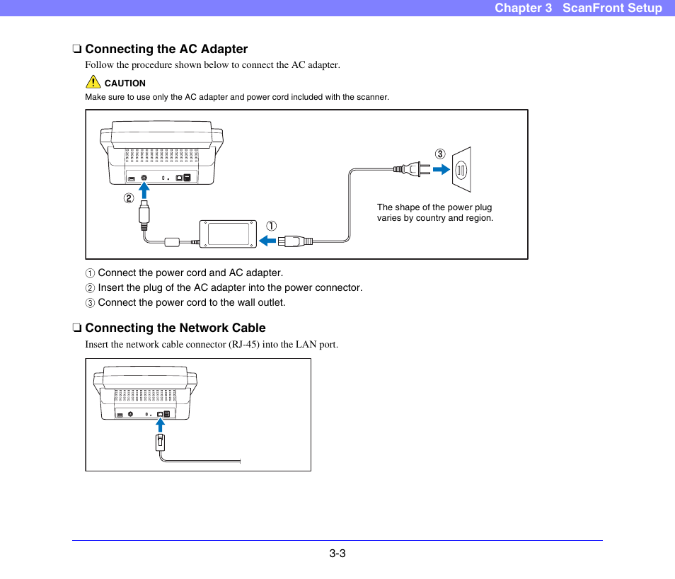 Connecting the ac adapter, Connecting the network cable, See p. 3-3.) | Canon SCANFRONT 300P User Manual | Page 37 / 193