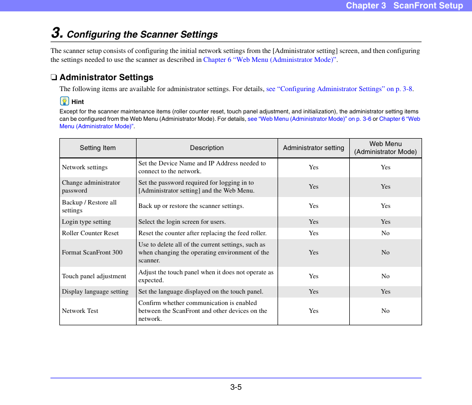 Configuring the scanner settings, Administrator settings, Configuring the scanner settings -5 | Administrator settings -5, Chapter 3 scanfront setup | Canon SCANFRONT 300P User Manual | Page 39 / 193