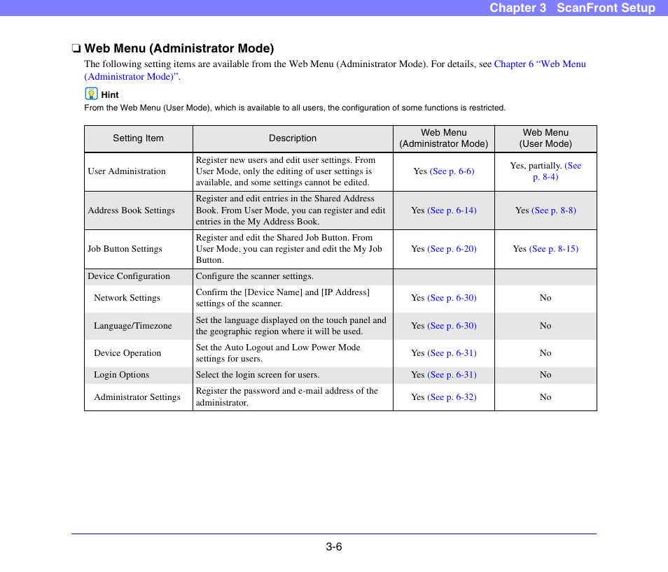 Web menu (administrator mode), Web menu (administrator mode) -6, See “web menu (administrator mode)” on p. 3-6 | Canon SCANFRONT 300P User Manual | Page 40 / 193