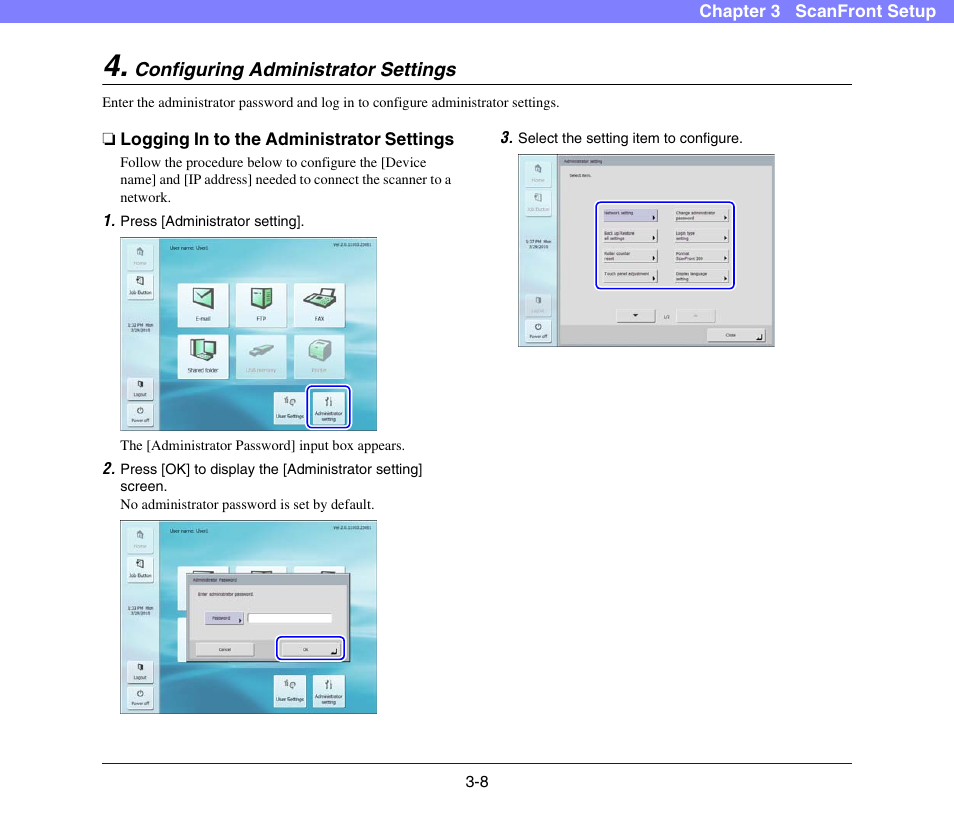 Configuring administrator settings, Logging in to the administrator settings, Configuring administrator settings -8 | Logging in to the administrator settings -8, See “configuring administrator settings” on p. 3-8 | Canon SCANFRONT 300P User Manual | Page 42 / 193