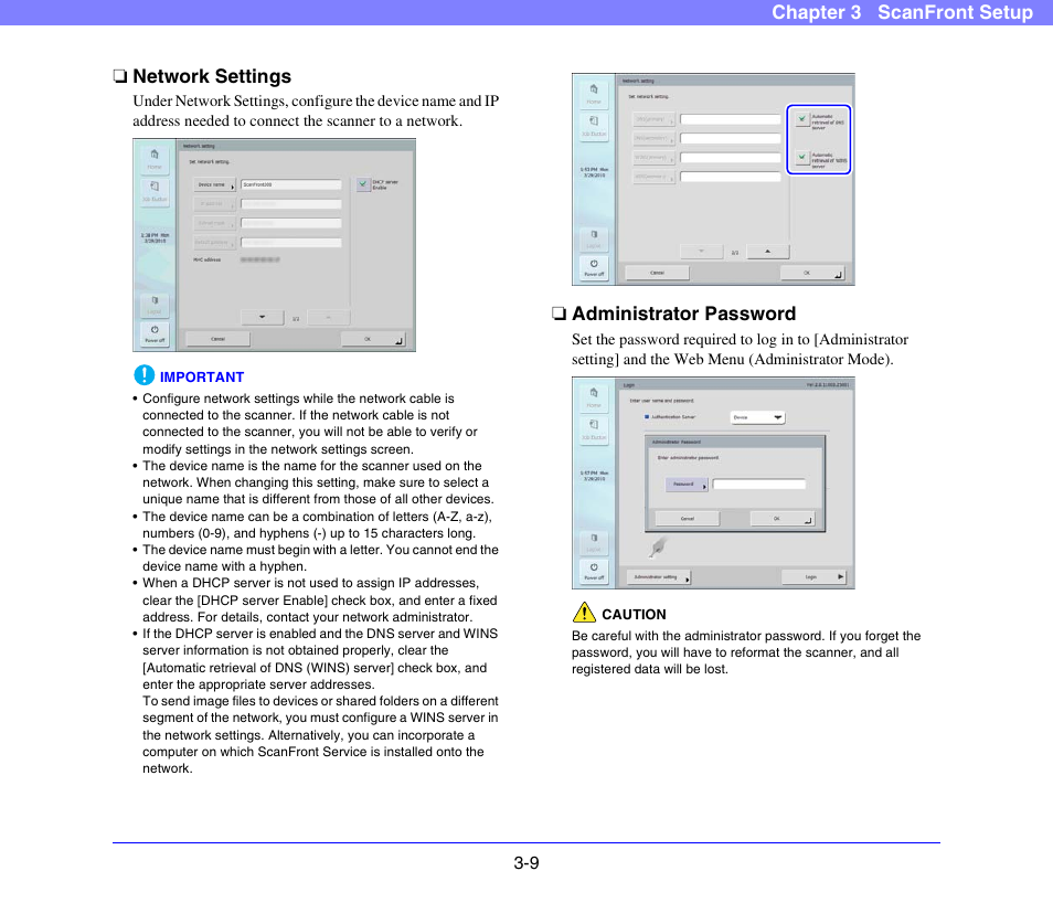 Network settings, Administrator password, Network settings -9 administrator password -9 | Chapter 3 scanfront setup ❏ network settings | Canon SCANFRONT 300P User Manual | Page 43 / 193