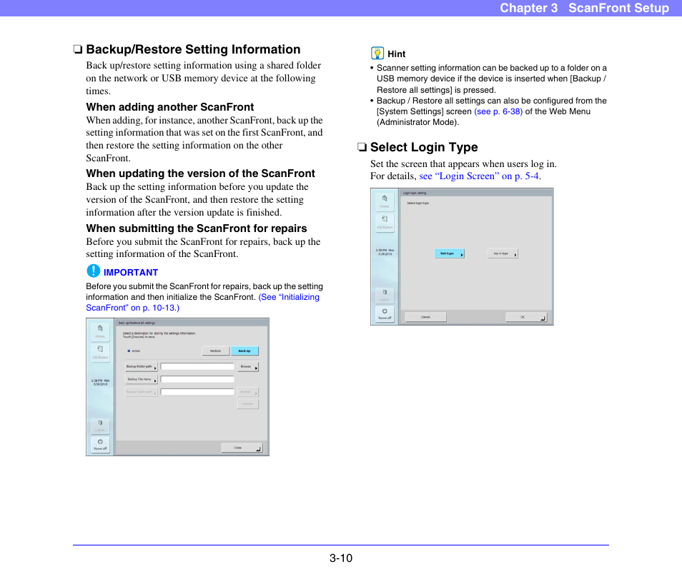 Backup/restore setting information, Select login type | Canon SCANFRONT 300P User Manual | Page 44 / 193