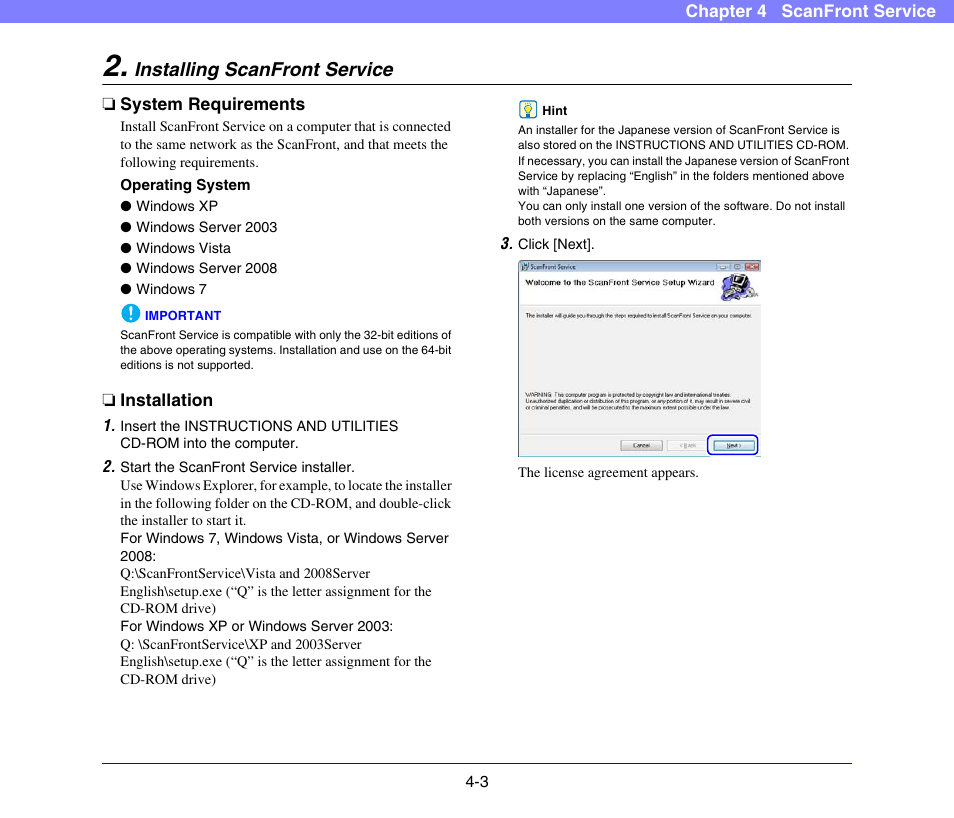 Installing scanfront service, System requirements, Installation | Installing scanfront service -3, System requirements -3 installation -3 | Canon SCANFRONT 300P User Manual | Page 49 / 193