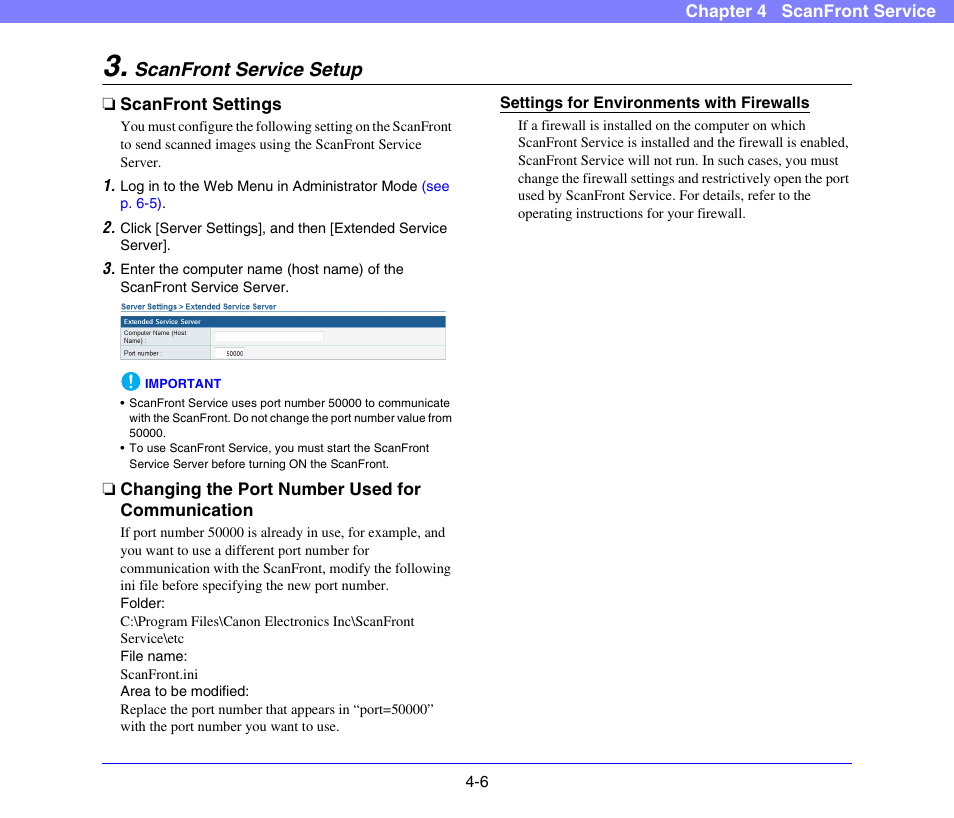 Scanfront service setup, Scanfront settings, Changing the port number used for communication | Scanfront service setup -6 | Canon SCANFRONT 300P User Manual | Page 52 / 193