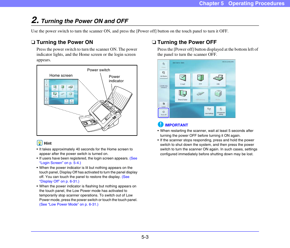 Turning the power on and off, Turning the power on, Turning the power off | Turning the power on and off -3, Turning the power on -3 turning the power off -3, See p. 5-3.), Chapter 5 operating procedures | Canon SCANFRONT 300P User Manual | Page 55 / 193