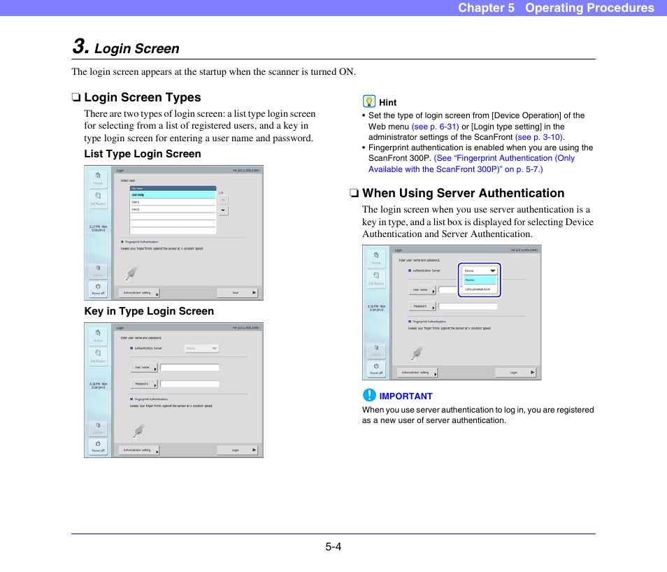 Login screen, Login screen types, When using server authentication | Login screen -4, See “login screen” on p. 5-4, See p. 5-4.), Login screen” on p. 5-4.) | Canon SCANFRONT 300P User Manual | Page 56 / 193