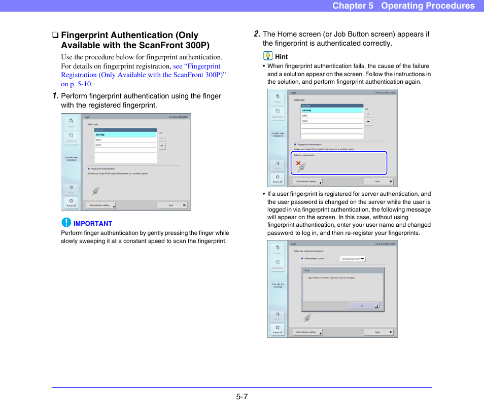 See “fingerprint authentication (only, Available with the scanfront 300p)” on p. 5-7.) | Canon SCANFRONT 300P User Manual | Page 59 / 193